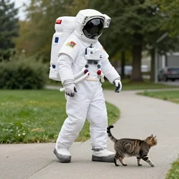 astronaut walking a cat down the sidewalk by kilian eng