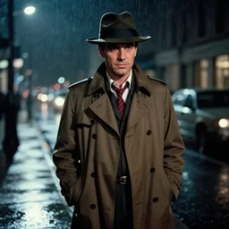 Kirby in a fedora and trench coat on a rain soaked street at night | noir | Maltese falcon | Stanley Kubrick