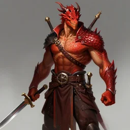 red scaled male dragonborn wearing rogue outfit, muscular, wielding two daggers, fantasy, digital painting, cell shading, sharp, smooth focus