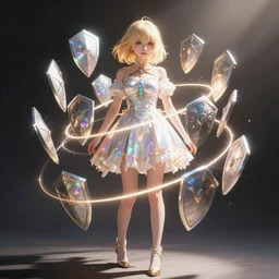 a cute girl with short blonde hair, with many detailed shields of holographic light orbiting in circles around her body, full body shot, sci fi anime, dramatic lighting