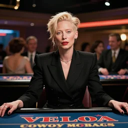 Tilda Swinton at a casino in the style of Cowboy Bebop, wide shot