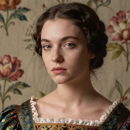 close - up portrait of beautiful androgynous model in renaissance dress, background with flowered wallpaper, art by steven meisel
