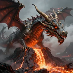 i came across a majestic medieval dragon, wearing intricate armor, inside a volcano that has a lavafall and lava river, fantasy art, hyper detailed head, tony sart's artstation gallery, anato finnstark's, artstation gallery, nazgul collection, randy's artstation gallery