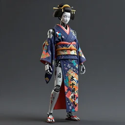 full body photo of a punk geisha robot with kanji tattoos and decals wearing a digital pixelated kimono, intricate design, photo - realistic, octane render, ultra fine detailed, character design, trending on artstation