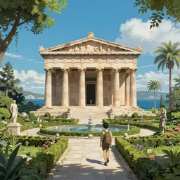 inside a beautiful temple in athens, ancient greek architecture, ancient sparta, arboretum, garden, blue sky, ocean, megascan texture building, cinematic composition, jaime jasso, craig mullins, wide angle, in the style of hayao miyazaki + brian froud + kim jung gi, studio ghibli, beautiful high detail enhanced 8 k render