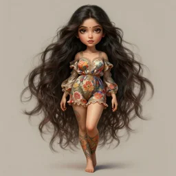 cute santhali woman with a beautiful face and eyes, long hair, wearing a flowery romper, long legs, fantasy, intricate, full body shot, sexy, highly detailed, digital painting, artstation, concept art, wallpaper, smooth, sharp focus, realistic photo by artgerm and greg rutkowski and alphonse mucha