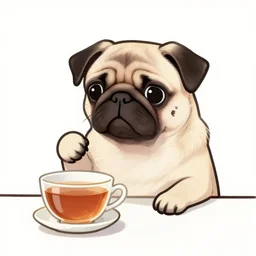 pug, drinking tea, kurzgesagt art style