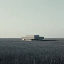 A serene landscape with a singular building in the style of Beeple.