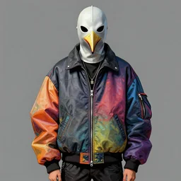 illustration of model in plastic bird mask wearing baggy colorful 9 0 s rick owens jacket by frank frazetta.