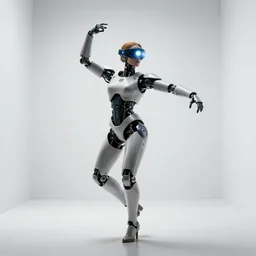 centered portrait photo by vermeer of female dancer as a cyberpunk mecha humanoid robotic parts wearing goggles with bright lights, holding a pudica pose, inside white room, ultra - realistic and detailed, 8 k
