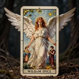 rose leslie as an angel, tarot card by william dyce and dante gabriel rossetti and william morris and william waterhouse