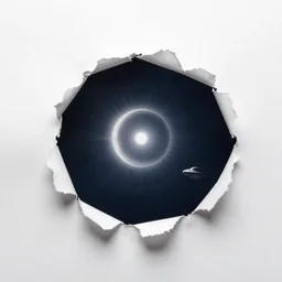 a hole torn in the sky like a piece of paper, sunburst and lunar ring, ufo, occult, vast cosmos, sense of longing, rule of thirds, clever design, decorative modern graphic design collage border, by hannah hoch and jesse treece and christian jackson and josh brill