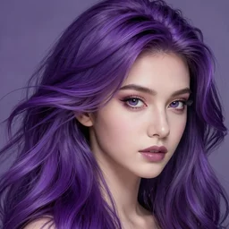 Purple hair relistic closeup Portrait of a woman with bright colored flying hair, all shades of purple. Beauty face, Hair coloring, fantasy, intricate, elegant, highly detailed, digital painting, artstation, concept art, smooth, sharp focus, illustration, art by artgerm and greg rutkowski and alphonse mucha