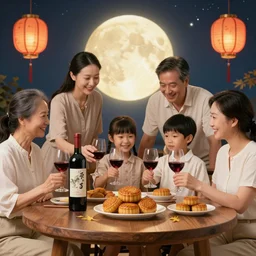 portrait family reunion enjoying wine and mooncake, very detailed, wine bottle, beautiful mooncake, moonfestival decoration, mid autumn fesitval, by artgem, victo ngai, makoto shinkai, by klimt and nixeu and ian sprigger and wlop and krenz cushart