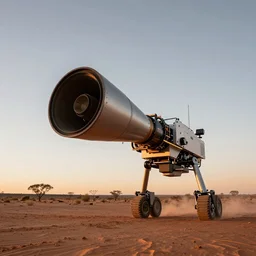 flying robot with large diameter extrusion nozzle printing a massive structure in the australian desert,  XF IQ4, 150MP, 50mm, F1.4, ISO 200, 1/160s, dawn