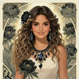 penelope cruz as a young female mythical aztec tribal warrior girl, goddess of obsidian diamonds and black peonies, with long curly, light hair, perfectly proportioned face, brown eyes, sweet smile, strong jawline, natural lighting, path traced, god rays, highly detailed, art nouveau, high quality, cartoon, digital painting, by new haicheng studio ghibli and riccardo federici and alphonse mucha bouguereau and donato giancola, muted colors