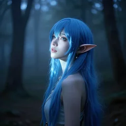 stunning, breathtaking photo of a beautiful elf with blue hair and elf ears in a hazy forest at dusk. dark, moody, eerie lighting. brilliant use of glowing light and shadow. sigma 8 5 mm f / 1. 4