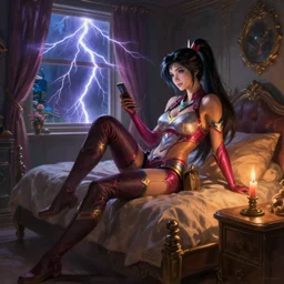 Gaston Bussiere painting of D.va (Overwatch) lounging in her bedroom, dramatic lightning, candlelit