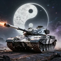 a battle tank blasting with yin - yang black and white daoist paint, in a cosmic field