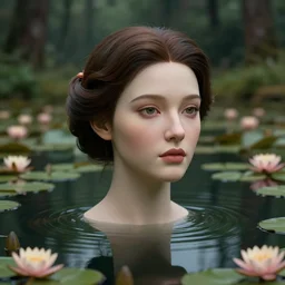 hyperrealistic cinematic 3 d portrait of a woman's head and shoulders floating below the surface of a pond, surrounded by a forrest of lillies, deep focus, intricate, elegant, highly detailed, matte, sharp focus, by bill henson and gregory crewdson and james jean, trending on artstation
