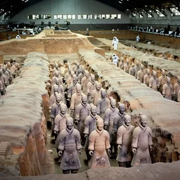 full - color 1 9 7 2 photo of dozens of terra - cotta warrior sculptures being excavated from a buried ancient alien temple on the moon by archaeologists wearing space - suits at a dig - site. high - quality professional journalistic photography from time magazine.