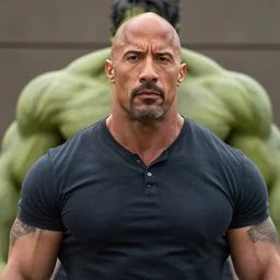 a still portrait dwayne johnson with a beard as a bald incredible hulk, cinematic, shallow depth of field
