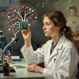 beautiful detailed painting of a female neuroscientist trying to understand a microprocessor and neural networks, jean giraud and waterhouse
