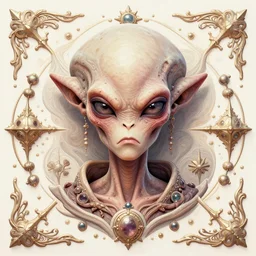 centered portrait of a angry rotten beautiful alien growing ornamentation all around, ornate, ornaments, detailed, symmetrical, end of the world, elegant, beautifully soft lit, by wayne barlowe, peter mohrbacher, kelly mckernan, alphonse mucha