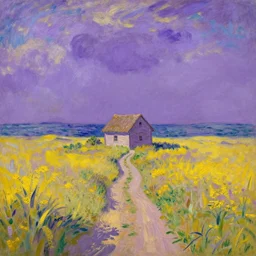 A small house, a narrow path, prairie and sea, James Gurney, Greg Rutkowski, Monet and van Gogh, artstation, purple color scheme, yellow color scheme