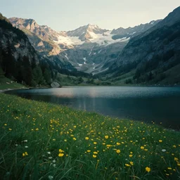 photo of epic alpine lake landscape in spring, first light, small amount of yellow flowers, cinematic, cinematic, art by michael shainblum,
