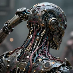 close - up cinematic shot of a terrifying ominous evil cyborg charging behind the neck!!!!!, hyper detailed schematics neural sci fi, wires and cables from the back of the neck, sci fi magitek cybernetics