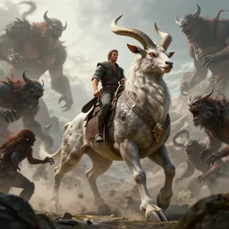 man riding the elusive mythical capricorn creature while being attacked by monsters, fantasy art, concept art, character design, unreal engine 5, ultra detailed, cinematic, dramatic lighting