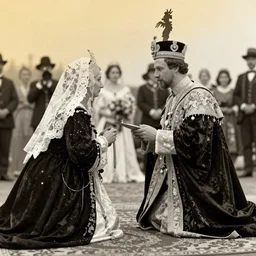 An extreme closeup shot, colored black and white Russian and Japanese mix historical fantasy photographic portrait of a Royal wedding of the empress and emperor curtsying to the Priestess and Priest, golden hour, warm lighting, 1907 photo from the official wedding photographer for the royal wedding.