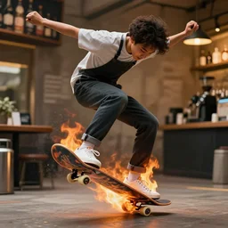 a barista skateboarding over a flaming latte, photorealistic