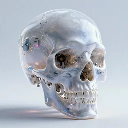 3D render of a STEAMpunk cyborg with translucent skull filled with a fractal of liquid mercury switches, neon eyeballs, titanium skeleton, anatomical, latex flesh and facial muscles, neon wires, microchips, electronics, veins, arteries, glowing, highly detailed, octane render, global lighting by H.R. Giger and Johanna Martine and Jeffrey Smith, background of outer space neon nebulas by Pilar Gogar, 8K HDR