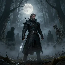 superb masterpiece digital illustration of stalin witcher, holding a silver sword, ready to face the spectres in the fog, enchanted forest, full moon, dreamy, macabre, skeletal, solitude, uneasy, calm before the storm, hyperrealist, ultra detailed, intricate, dark fantasy, concept art, uhd, octane render, unreal engine 5, cinematic