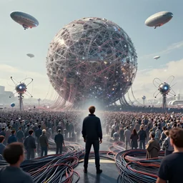 dyson sphere program, by greg rutkowski, by rhads, by jesper ejsing, so many wires, sharp focus, man standing, colony, atom, crowd, blimps in sky