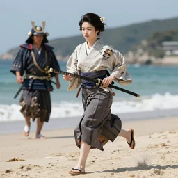 Beautiful Japanese woman running from an old samurai on the beach Toshio Saeki, high detailed, artstation trending
