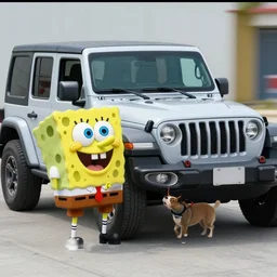 cctv footage of spongebob stealing a jeep wrangler, high quality, high resolution