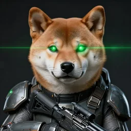 realistic anthropomorphic shiba inu face, visible face, wearing power armor and rifle, green laser eyes, science fiction, dark, portrait by donato giancola and greg rutkowski and wayne barlow, realistic face