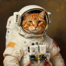orange cat cosmonaut, proudly posing for a portrait, painted by rembrandt, intricate, detailed, atmospheric lighting, golden hour.