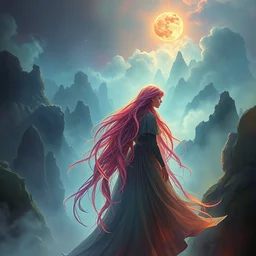 beautiful digital art of the distant lands with wandering ghost queen, colourful long hair, travelling through misty planes, intricate details, detailed face, lonely, short dress, artstation, epic pose, cinematic light, view from the distance, by rembrandt, marco bucci