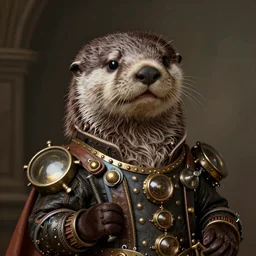 A detailed Renaissance portrait of a smirking anthropomorphic otters wearing steampunk garb, digital art, 4k
