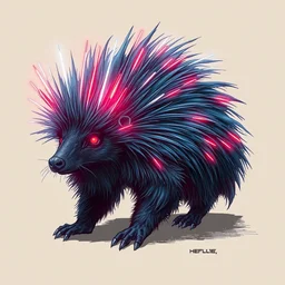 a cyberpunk porcupine with neon quills and fine blue fur, simple background, highly detailed, by hr giger, greg rutkowski, luis royo and wayne barlowe