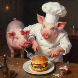 pigs is a chef, dressed as a chef, cooking a cheeseburger, holding a spatula, view from above, mysterious americana painting, elegant intricate digital painting artstation concept art by mark brooks and brad kunkle detailed