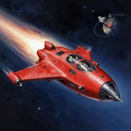 a beautiful artwork illustration, a red metallic spaceship flying interstellar hyperdrive, by greg rutkowski and jesper ejsing and raymond swanland, featured on artstation, wide angle, vertical orientation