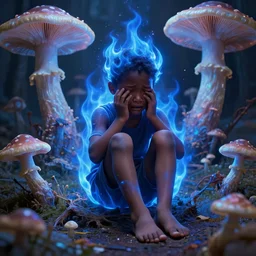 a realistic photograph of a black heartbroken crying boy left all alone in his astral projection blue demon flames strangled by his thoughts, sitting in the middle of iridescent fungal, extremely detailed, 8 k
