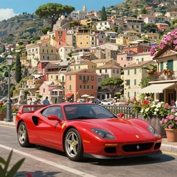a wholesome animation key shot of!! one!! focused!! red ferrari 2 5 0 gto!! in beautiful cinque terre italy street, medium shot, studio ghibli, ( pixar ) and disney animation, sharp, very detailed, high resolution, rendered in unreal engine 5, anime key art by greg rutkowski, bloom, dramatic lighting