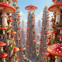 mushroom skyscraper city, heavily populated and full of life, red mushroom with white spots, immense sense of scale, rule of thirds, digital art, by beeple, by noriyoshi ohrai, trending on artstation
