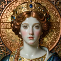 face centered portrait, artwork by james jean, hyperdetailed realistic smooth polished porcelain, beautiful byzantine queen, jean delville, art nouveau, gustav klimt, ornate copper patina gothic icon, james jean, ultrasharp hyperdetailed photorealistic octane render